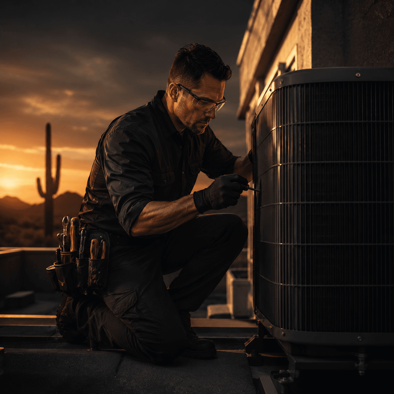 HVAC technician servicing a rooftop condenser unit under a warm Phoenix sky