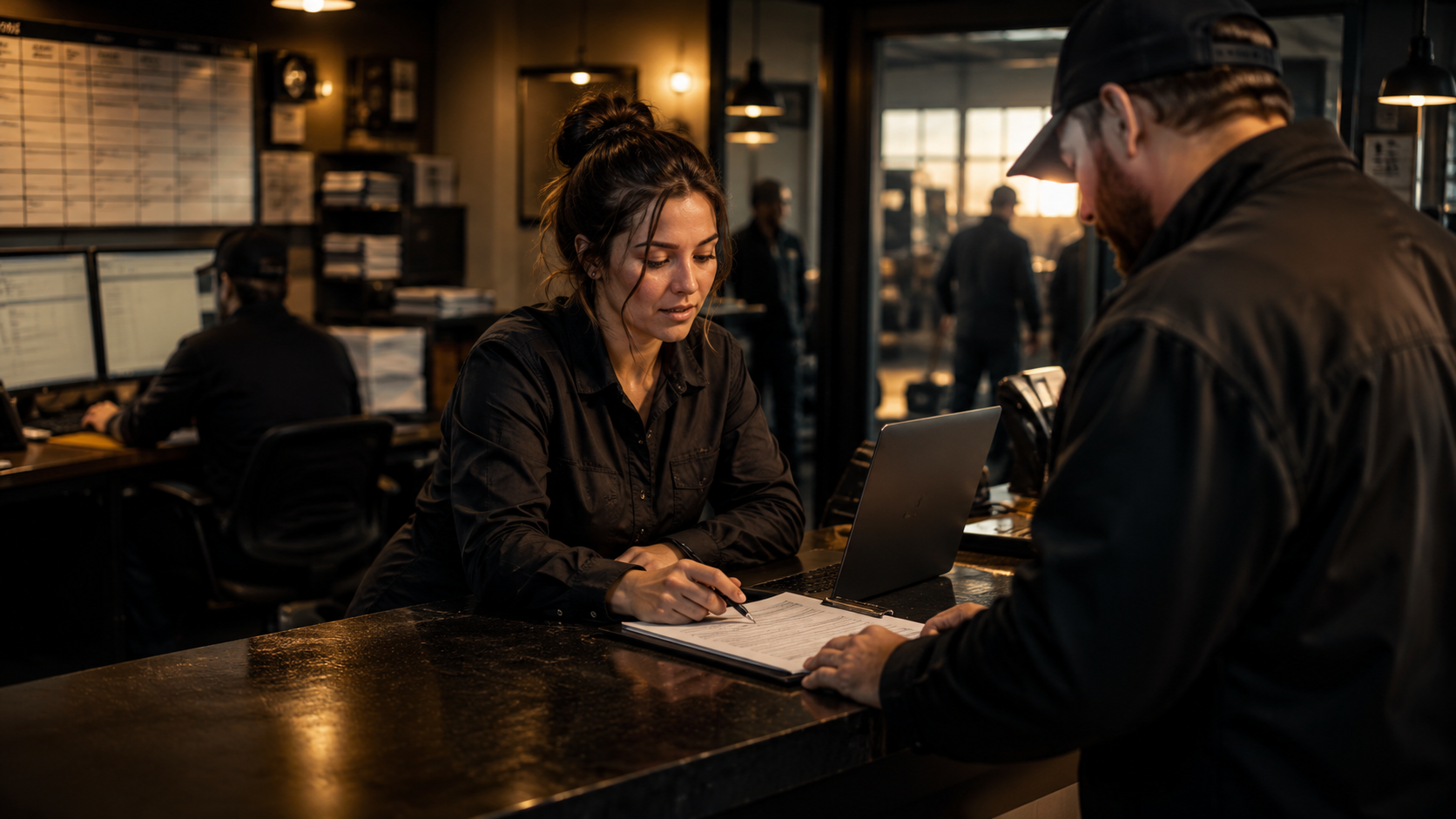 A customer being helped at a busy local business front desk